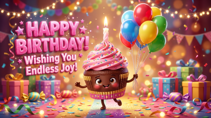 cupcake character with balloons