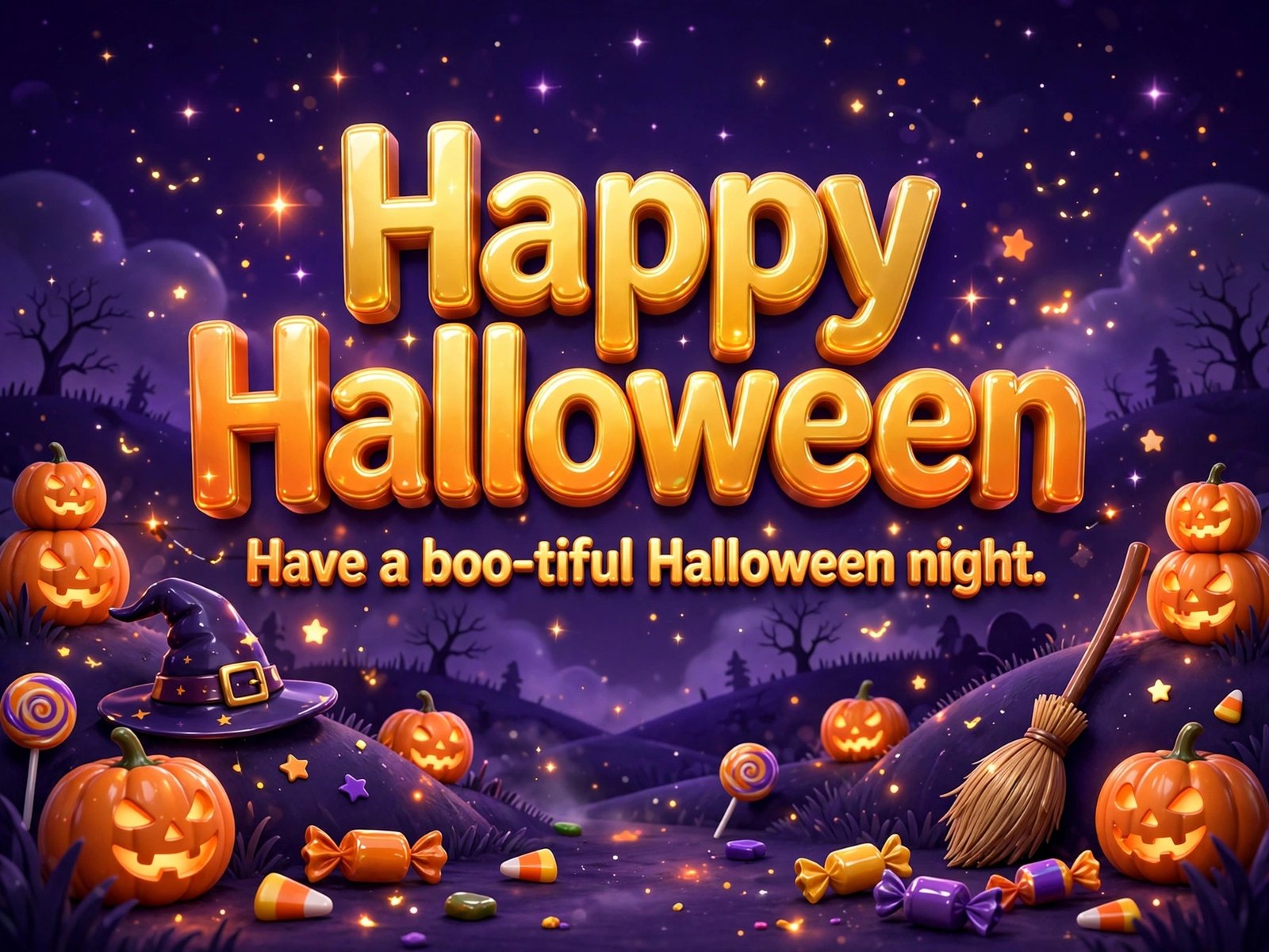 Pumpkin lanterns, candy and witch hat